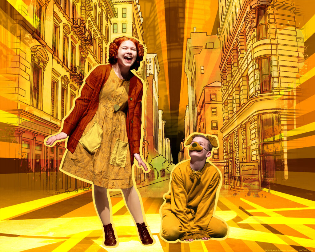 Young performer laughing with a child dressed as a dog in a city street scene from Annie